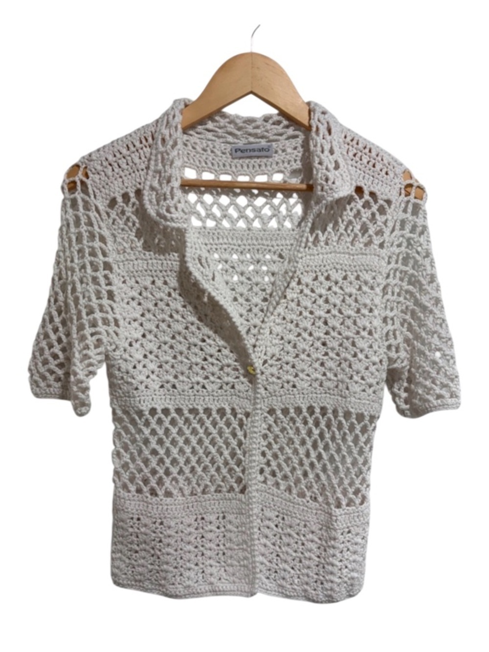 Pensato White Crochet Short Sleeve Button-Up Top with Cotton Blend